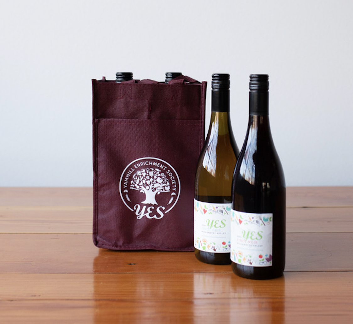 Two bottles of YES wine and a YES wine branded wine bag